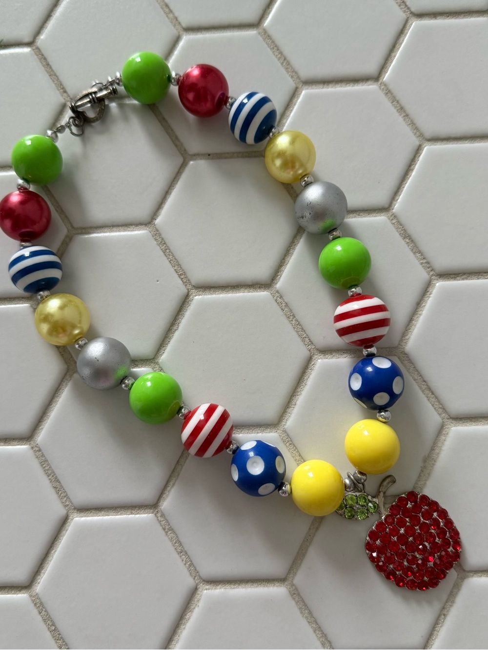 Colorful Kids Beaded Necklace with Red Apple Charm